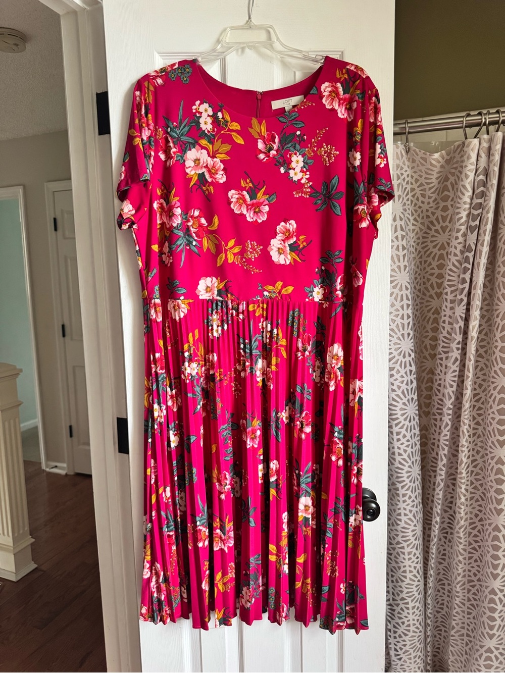 LOFT Fuchsia Floral Pleated Midi Dress